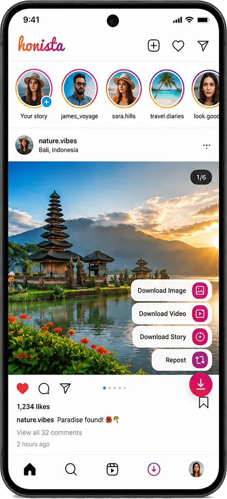 Honista app screen showing Instagram media download options for images videos and reels